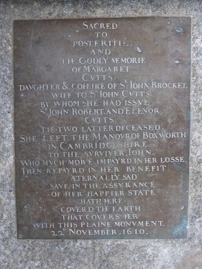 Monumental inscription re Margaret Cutts in Lolworth Church 1610